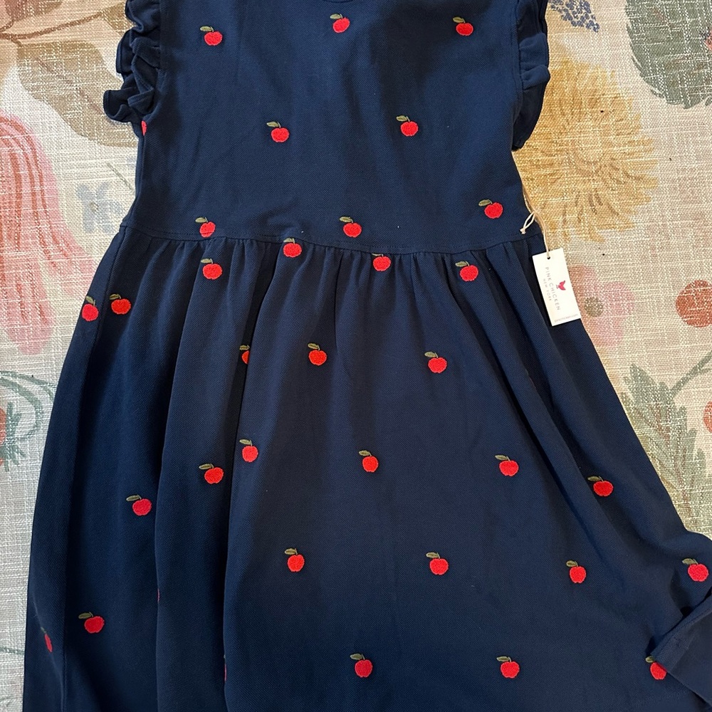Pink Chicken Navy Dress with Red Apple Embroidery